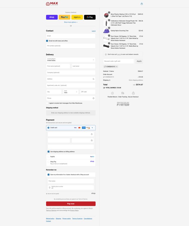 Max Warehouse checkout page showing Max Warehouse discount code box | Screenshot taken by SimplyCodes community member on Sep 2, 2025