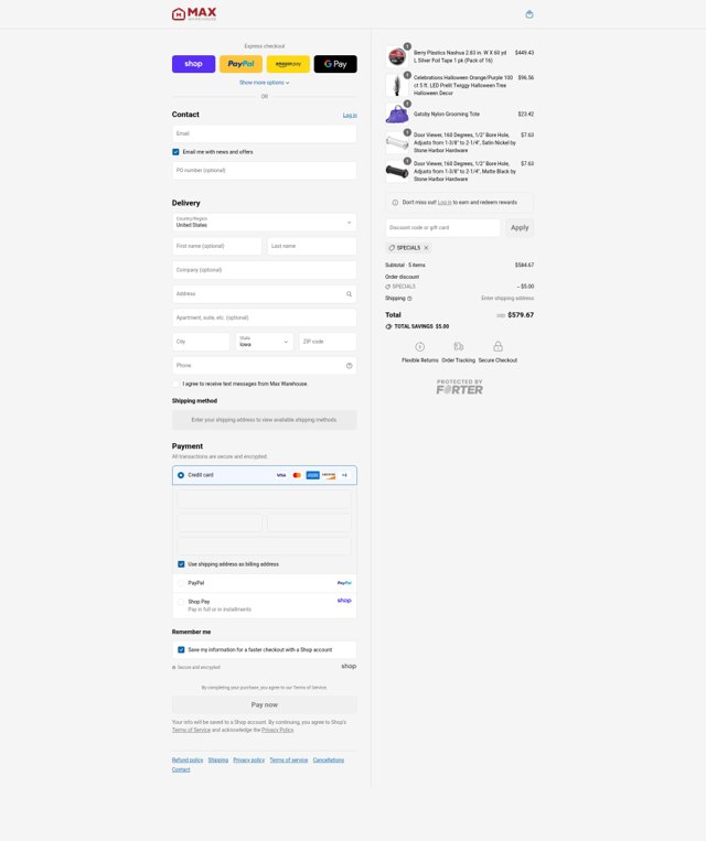 Max Warehouse checkout page showing Max Warehouse discount code box | Screenshot taken by SimplyCodes community member on Sep 2, 2025