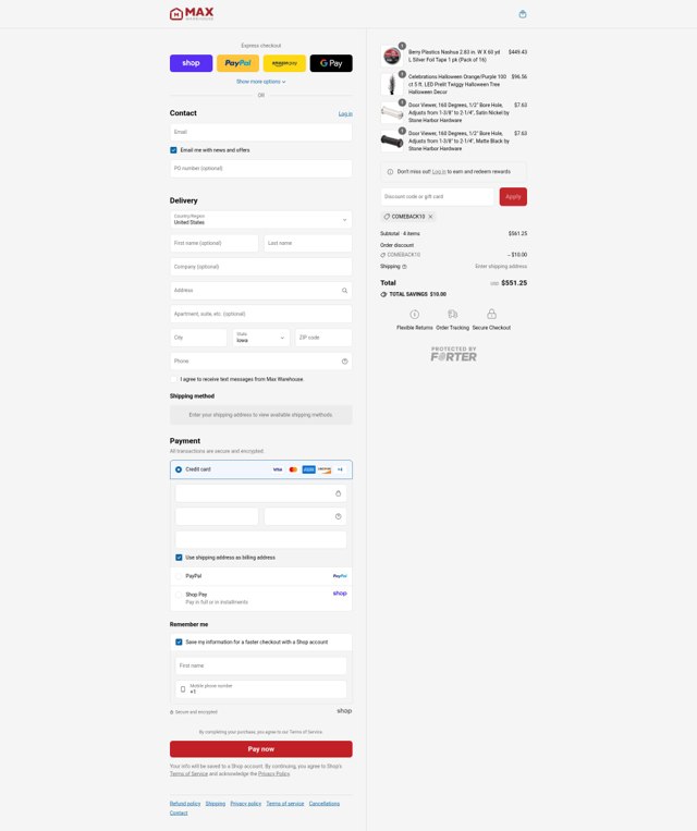 Max Warehouse checkout page showing Max Warehouse discount code box | Screenshot taken by SimplyCodes community member on Sep 6, 2025