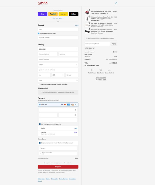 Max Warehouse checkout page showing Max Warehouse discount code box | Screenshot taken by SimplyCodes community member on Sep 6, 2025