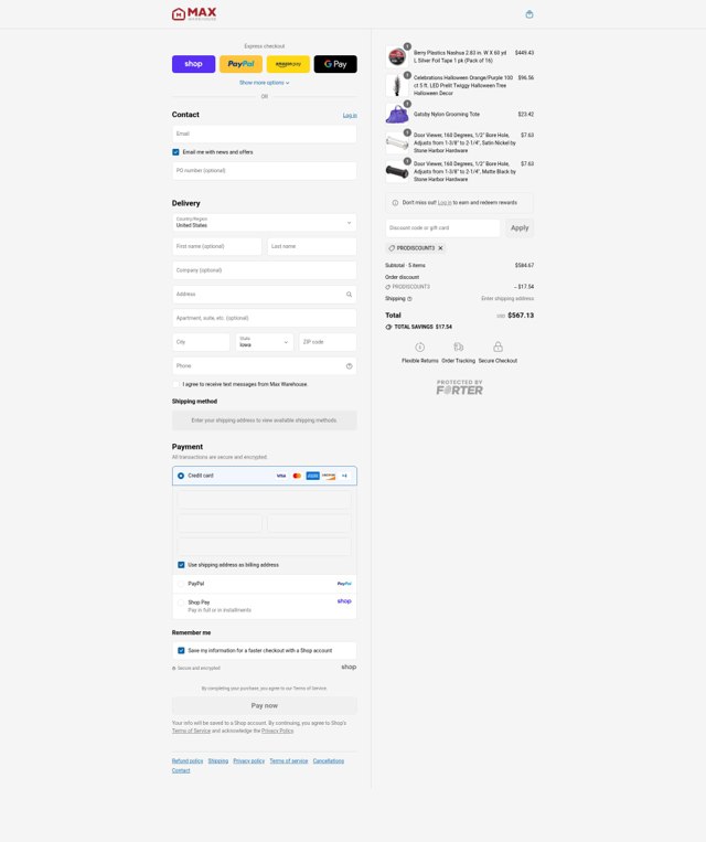 Max Warehouse checkout page showing Max Warehouse discount code box | Screenshot taken by SimplyCodes community member on Sep 2, 2025
