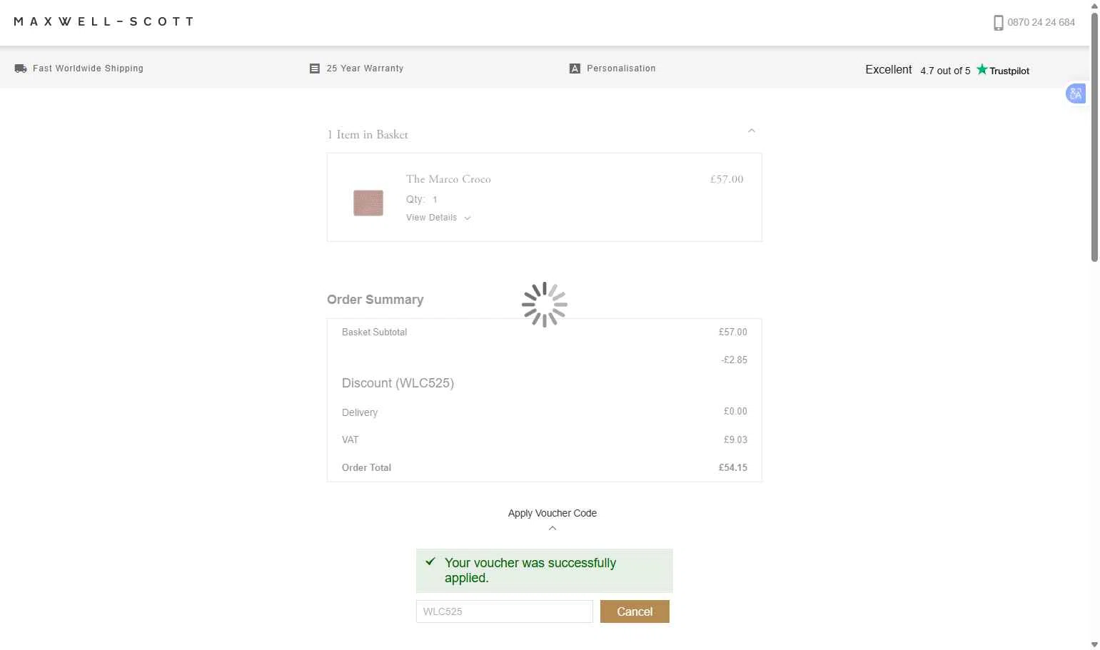 Maxwell Scott checkout page showing Maxwell Scott promo code box | Screenshot taken by SimplyCodes community member on Jan 16, 2026