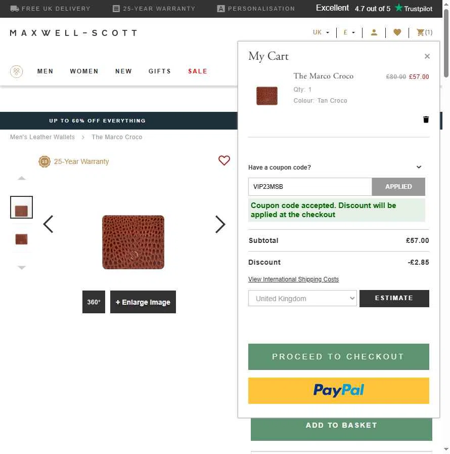 Maxwell Scott checkout page showing Maxwell Scott promo code box | Screenshot taken by SimplyCodes community member on Jan 15, 2026