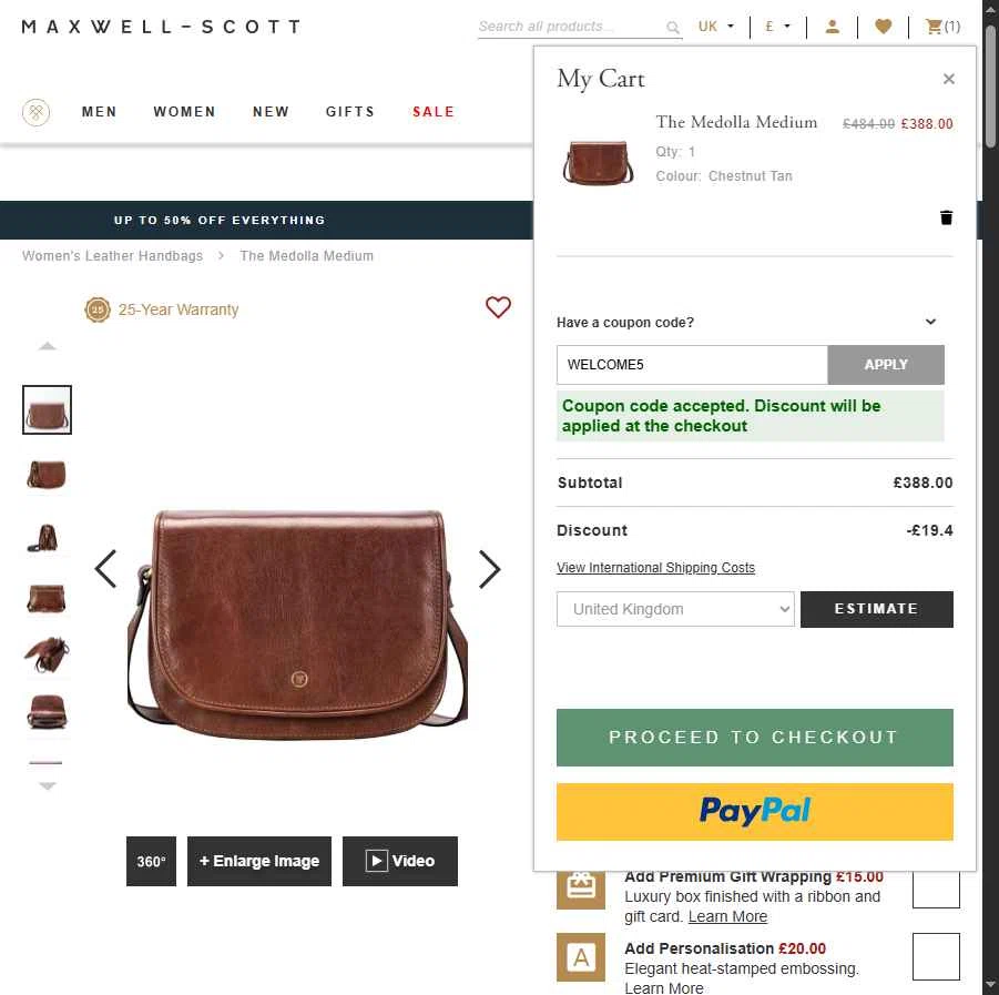 Maxwell Scott checkout page showing Maxwell Scott promo code box | Screenshot taken by SimplyCodes community member on Jan 5, 2026