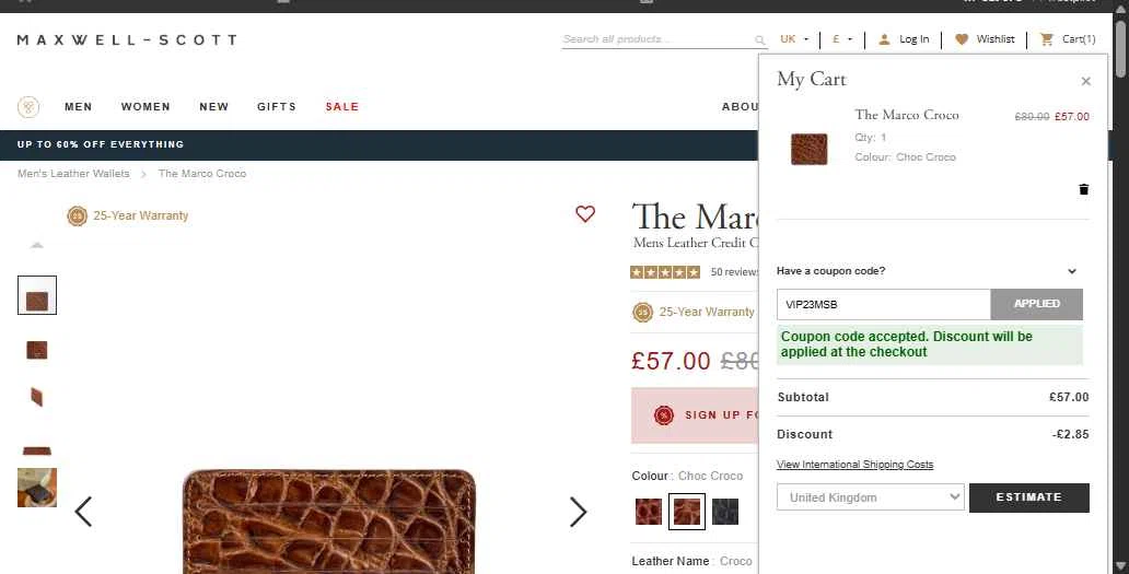 Maxwell Scott checkout page showing Maxwell Scott promo code box | Screenshot taken by SimplyCodes community member on Jan 26, 2026