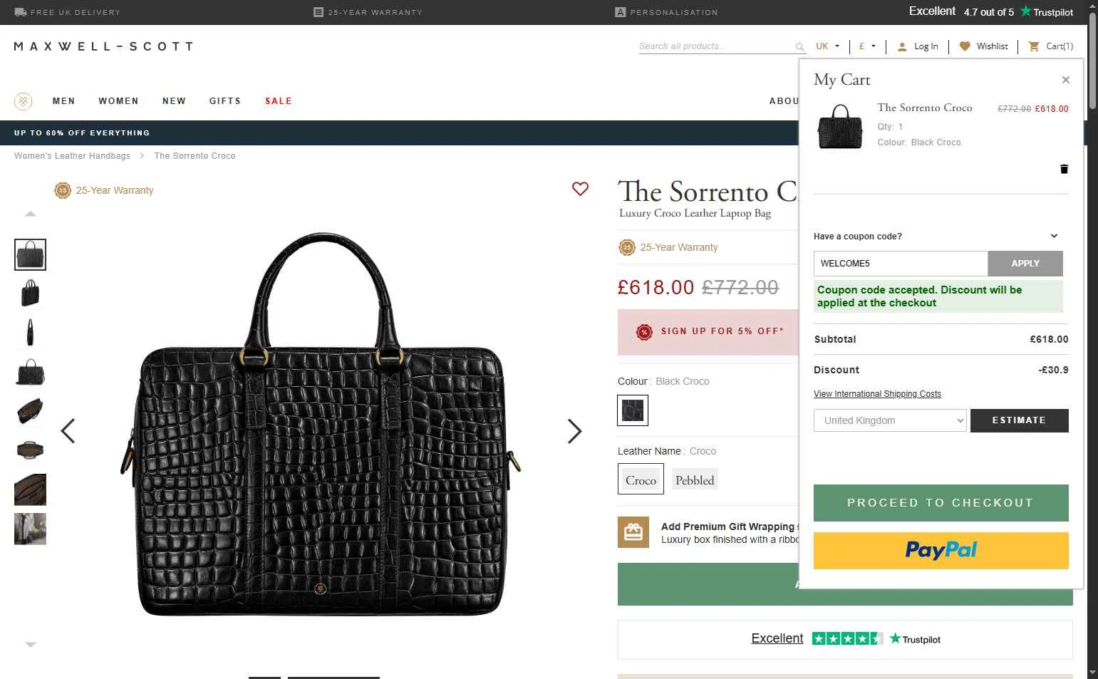 Maxwell Scott checkout page showing Maxwell Scott promo code box | Screenshot taken by SimplyCodes community member on Jan 16, 2026