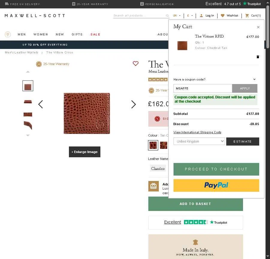 Maxwell Scott checkout page showing Maxwell Scott promo code box | Screenshot taken by SimplyCodes community member on Jan 9, 2026