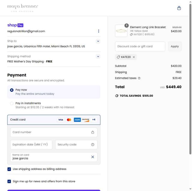 Maya Brenner checkout page showing Maya Brenner discount code box | Screenshot taken by SimplyCodes community member on May 4, 2025