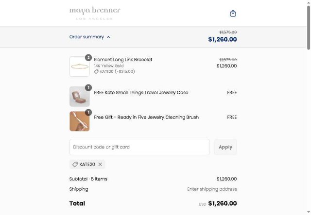 Maya Brenner checkout page showing Maya Brenner discount code box | Screenshot taken by SimplyCodes community member on Apr 22, 2025