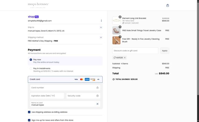 Maya Brenner checkout page showing Maya Brenner discount code box | Screenshot taken by SimplyCodes community member on Apr 22, 2025