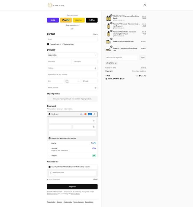 Maya Chia Beauty checkout page showing Maya Chia Beauty promo code box | Screenshot taken by SimplyCodes community member on Sep 15, 2025