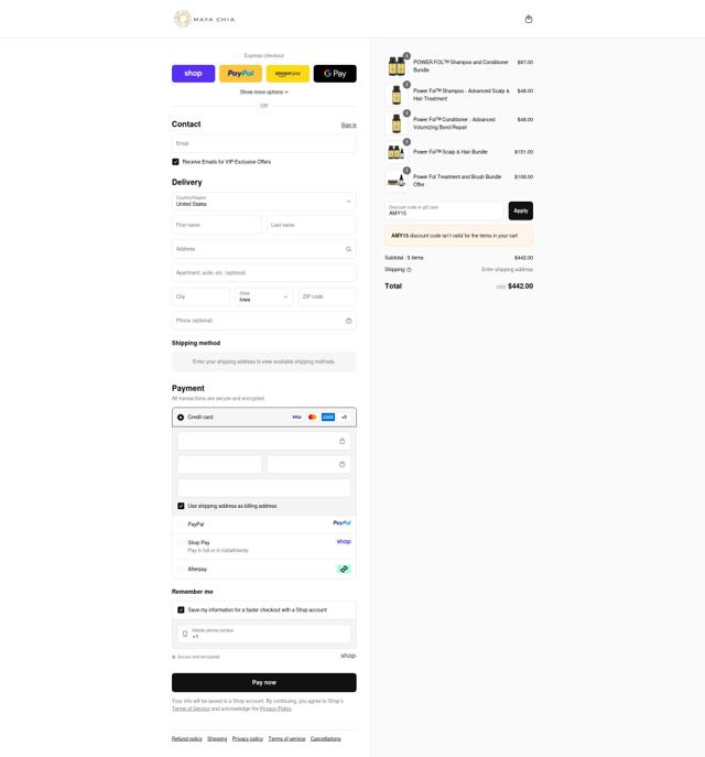 Maya Chia Beauty checkout page showing Maya Chia Beauty promo code box | Screenshot taken by SimplyCodes community member on Sep 15, 2025