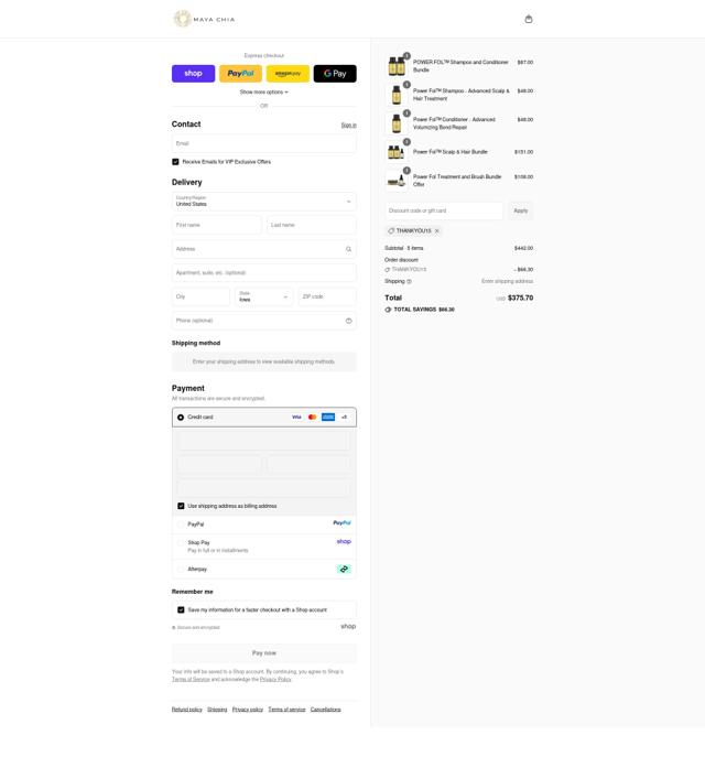 Maya Chia Beauty checkout page showing Maya Chia Beauty promo code box | Screenshot taken by SimplyCodes community member on Sep 15, 2025