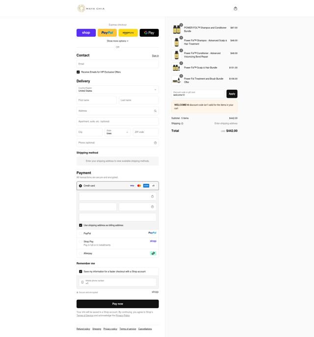 Maya Chia Beauty checkout page showing Maya Chia Beauty promo code box | Screenshot taken by SimplyCodes community member on Sep 15, 2025