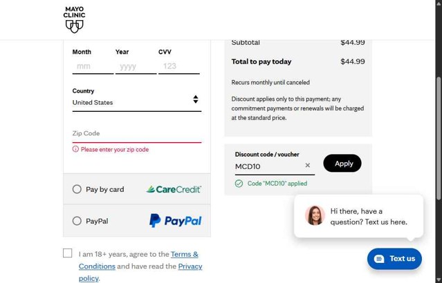 Mayo Clinic Diet checkout page showing Mayo Clinic Diet discount code box | Screenshot taken by SimplyCodes community member on Jun 11, 2025