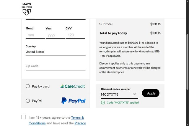 Mayo Clinic Diet checkout page showing Mayo Clinic Diet discount code box | Screenshot taken by SimplyCodes community member on Jun 11, 2025