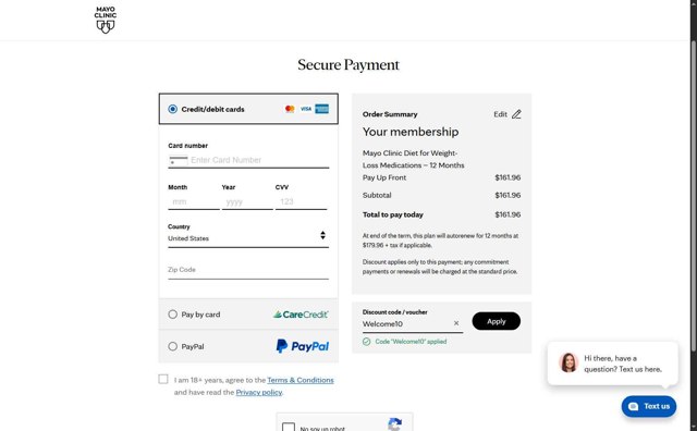 Mayo Clinic Diet checkout page showing Mayo Clinic Diet discount code box | Screenshot taken by SimplyCodes community member on Jul 29, 2025