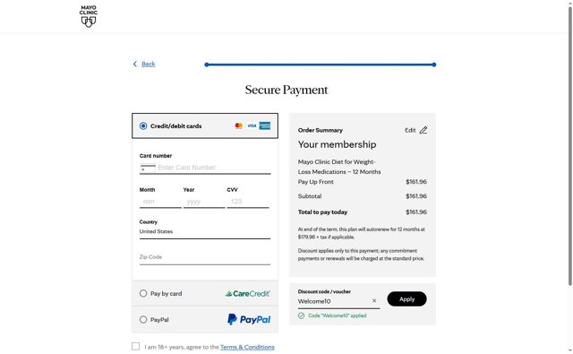 Mayo Clinic Diet checkout page showing Mayo Clinic Diet discount code box | Screenshot taken by SimplyCodes community member on Aug 10, 2025