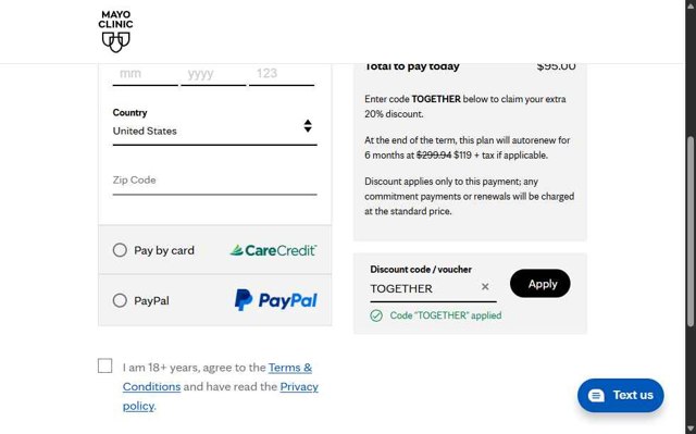 Mayo Clinic Diet checkout page showing Mayo Clinic Diet discount code box | Screenshot taken by SimplyCodes community member on Jul 23, 2025