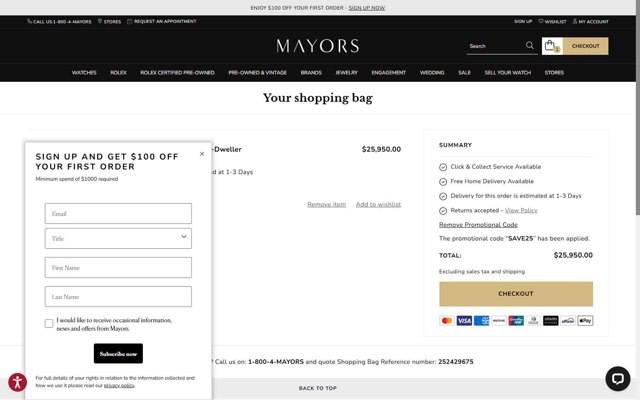 Mayors checkout page showing Mayors promo code box | Screenshot taken by SimplyCodes community member on Jul 23, 2025