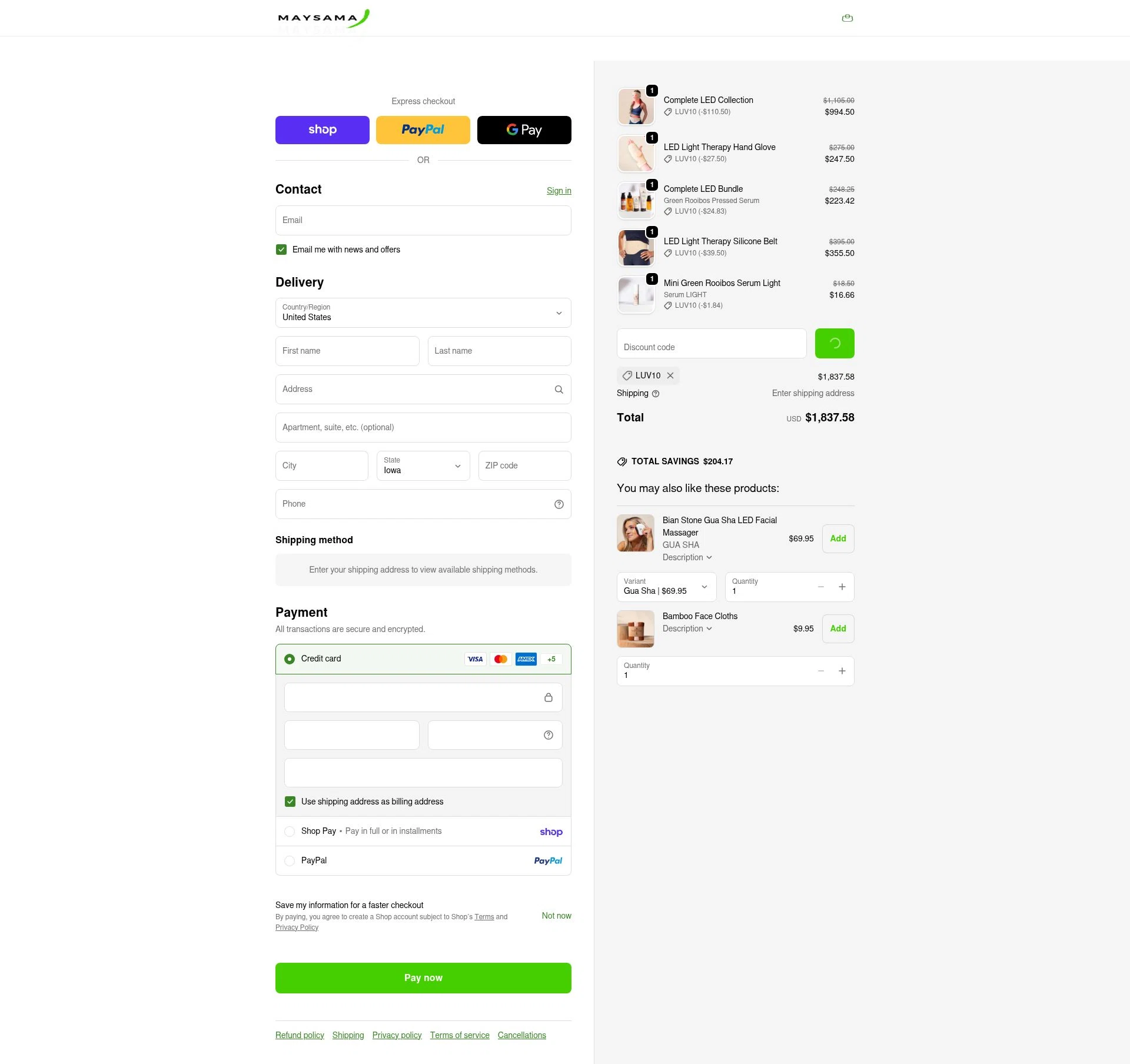 Maysama checkout page showing Maysama discount code box | Screenshot taken by SimplyCodes community member on Feb 16, 2026