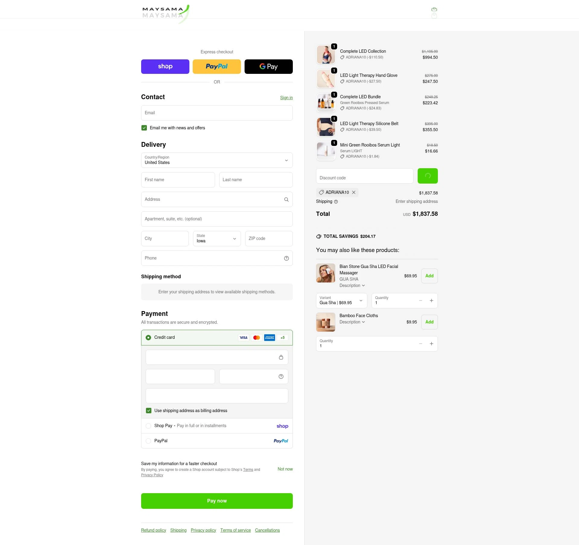 Maysama checkout page showing Maysama discount code box | Screenshot taken by SimplyCodes community member on Feb 16, 2026