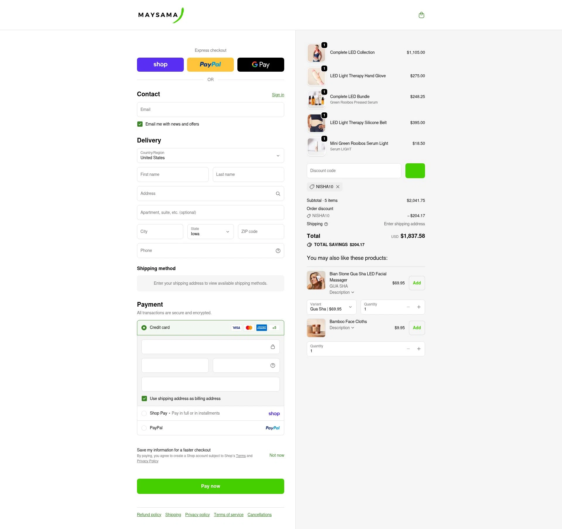 Maysama checkout page showing Maysama discount code box | Screenshot taken by SimplyCodes community member on Feb 16, 2026
