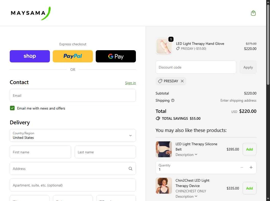 Maysama checkout page showing Maysama discount code box | Screenshot taken by SimplyCodes community member on Feb 17, 2026