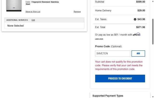 Maytag checkout page showing Maytag promo code box | Screenshot taken by SimplyCodes community member on Jul 31, 2025