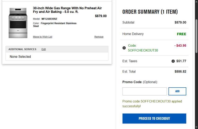 Maytag checkout page showing Maytag promo code box | Screenshot taken by SimplyCodes community member on Aug 30, 2025