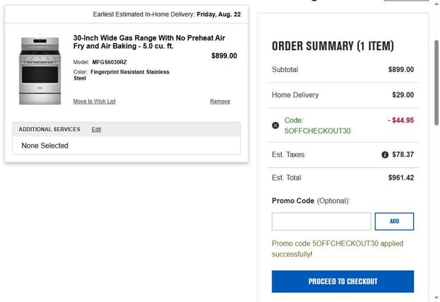 Maytag checkout page showing Maytag promo code box | Screenshot taken by SimplyCodes community member on Aug 19, 2025