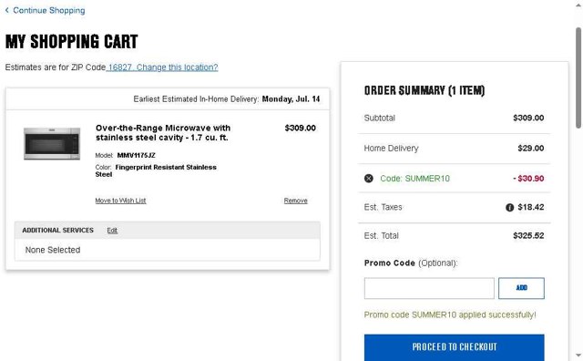 Maytag checkout page showing Maytag promo code box | Screenshot taken by SimplyCodes community member on Jul 9, 2025