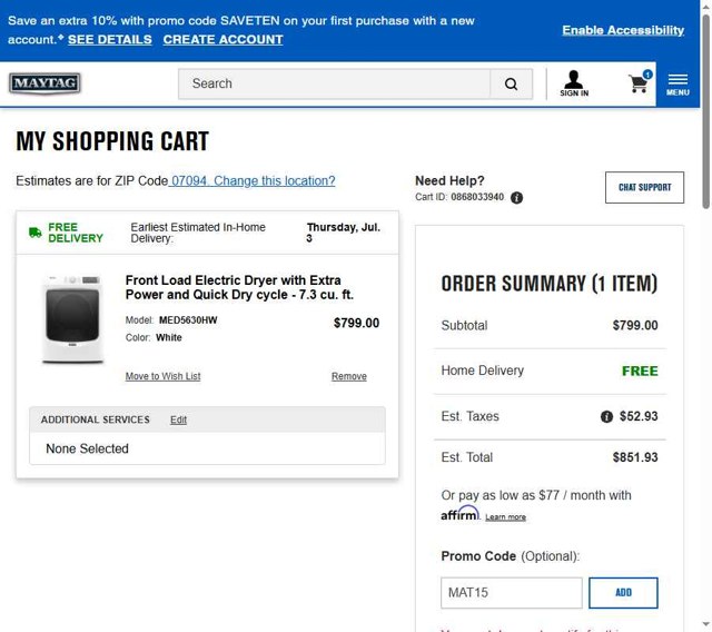 Maytag checkout page showing Maytag promo code box | Screenshot taken by SimplyCodes community member on Jun 30, 2025