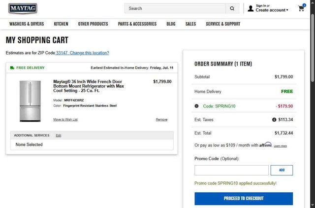 Maytag checkout page showing Maytag promo code box | Screenshot taken by SimplyCodes community member on Jul 7, 2025