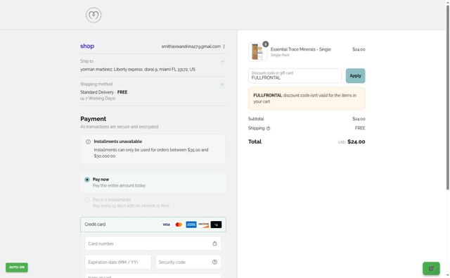 Mayu Water checkout page showing Mayu Water discount code box | Screenshot taken by SimplyCodes community member on Sep 5, 2025