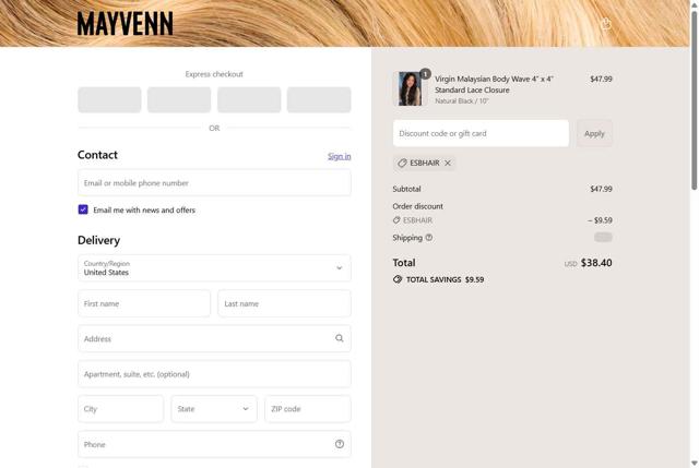 Mayvenn checkout page showing Mayvenn coupon code box | Screenshot taken by SimplyCodes community member on Sep 11, 2025