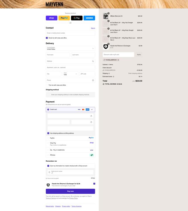 Mayvenn checkout page showing Mayvenn coupon code box | Screenshot taken by SimplyCodes community member on Sep 11, 2025