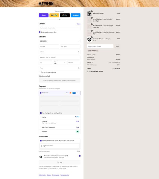 Mayvenn checkout page showing Mayvenn coupon code box | Screenshot taken by SimplyCodes community member on Sep 11, 2025