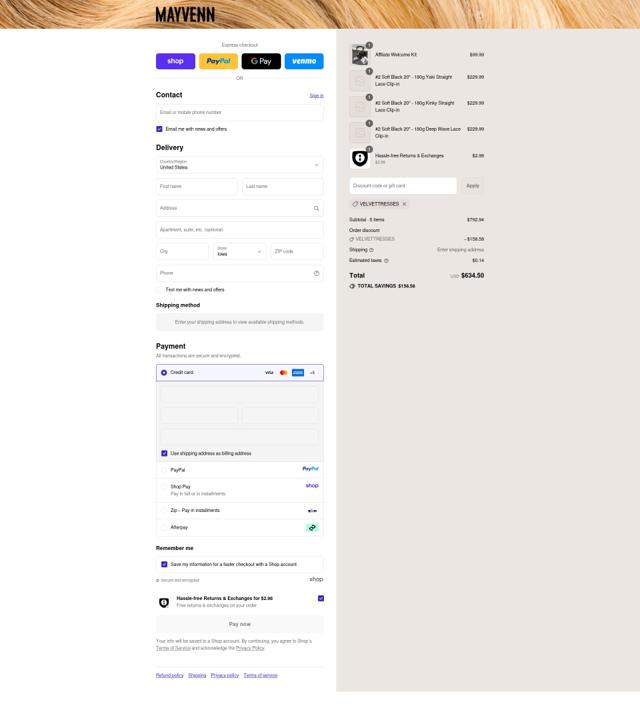 Mayvenn checkout page showing Mayvenn coupon code box | Screenshot taken by SimplyCodes community member on Sep 11, 2025