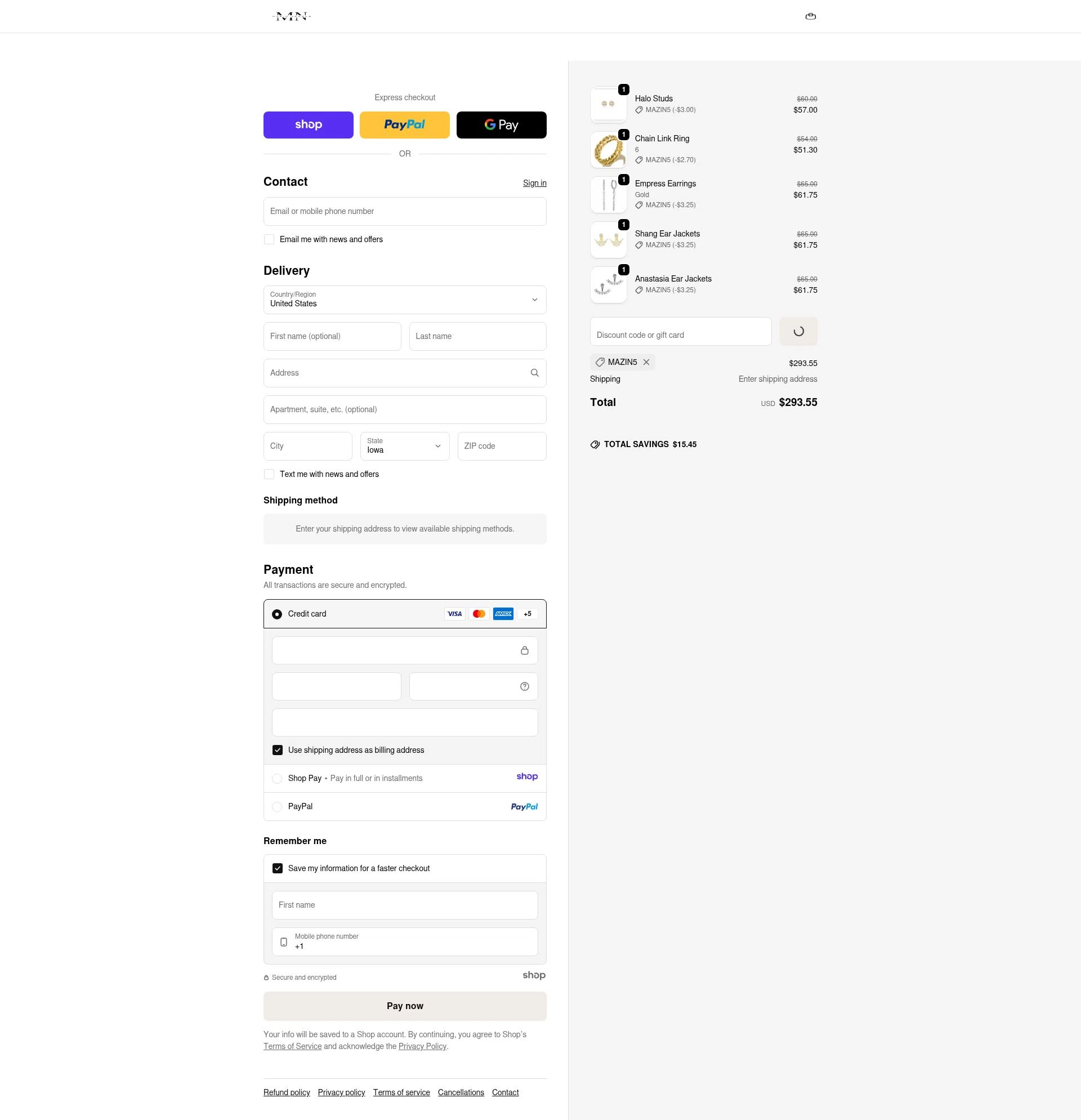 Mazin Jewels checkout page showing Mazin Jewels discount code box | Screenshot taken by SimplyCodes community member on Dec 27, 2025