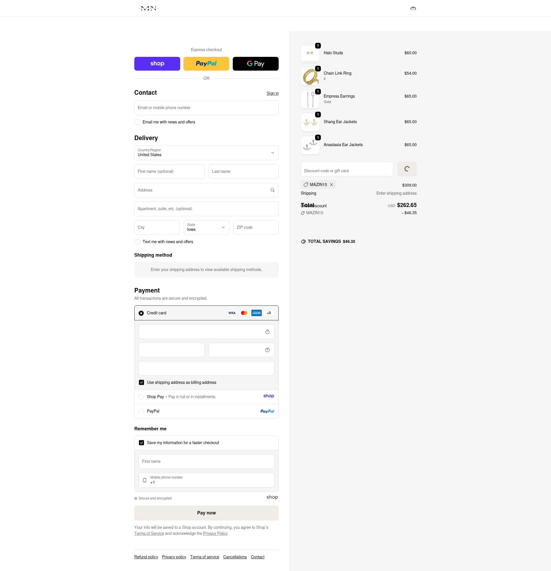 Mazin Jewels checkout page showing Mazin Jewels discount code box | Screenshot taken by SimplyCodes community member on Dec 27, 2025