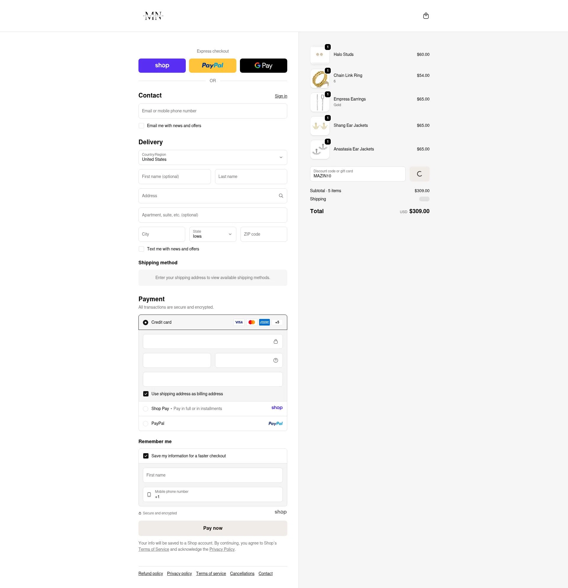 Mazin Jewels checkout page showing Mazin Jewels discount code box | Screenshot taken by SimplyCodes community member on Jan 1, 2026