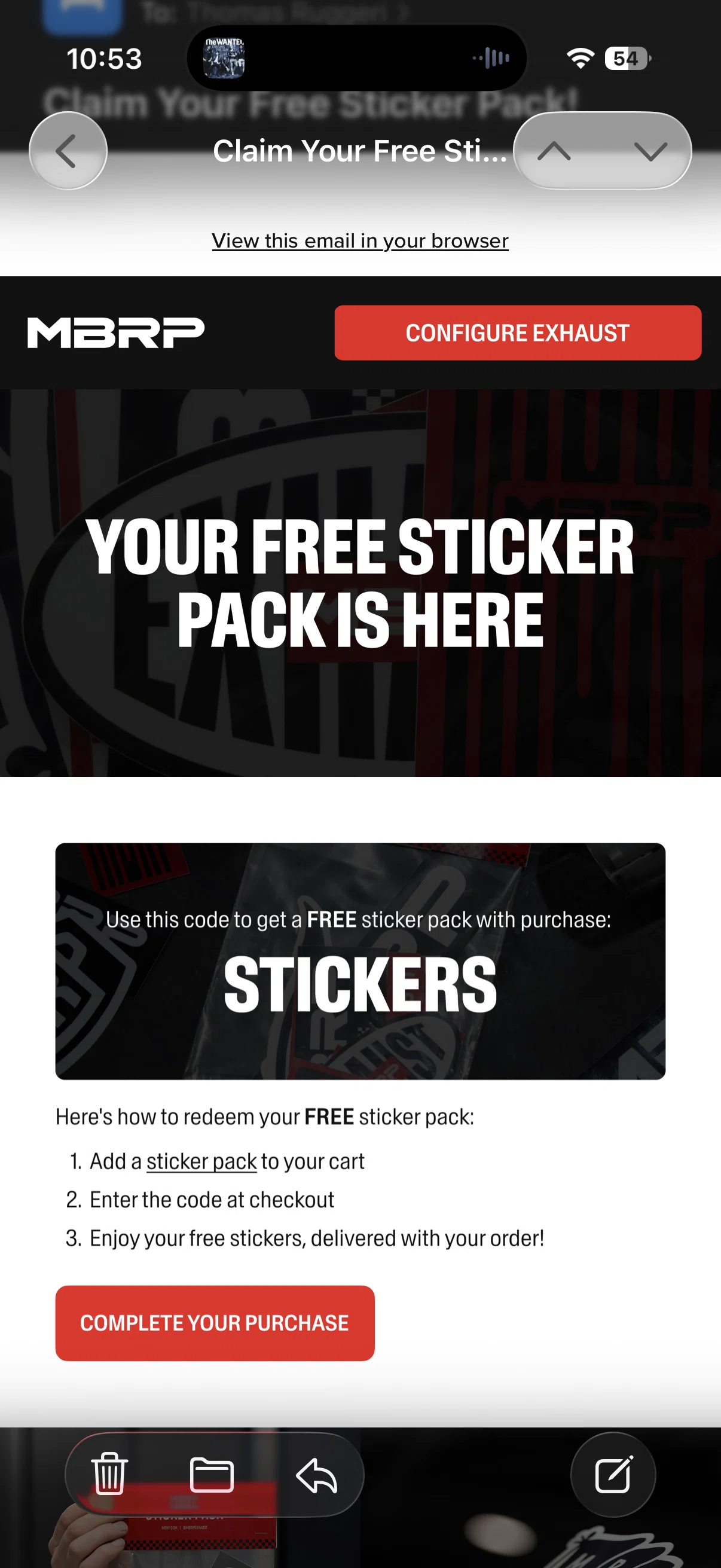 MBRP discount code screenshot showing code STICKERS applied at MBRP checkout page. Uploaded by SimplyCodes community member CleverExpert466 on Jan 27, 2026