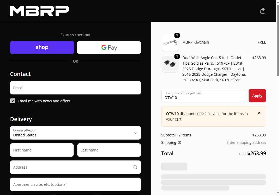 MBRP checkout page showing MBRP discount code box | Screenshot taken by SimplyCodes community member on Nov 20, 2025