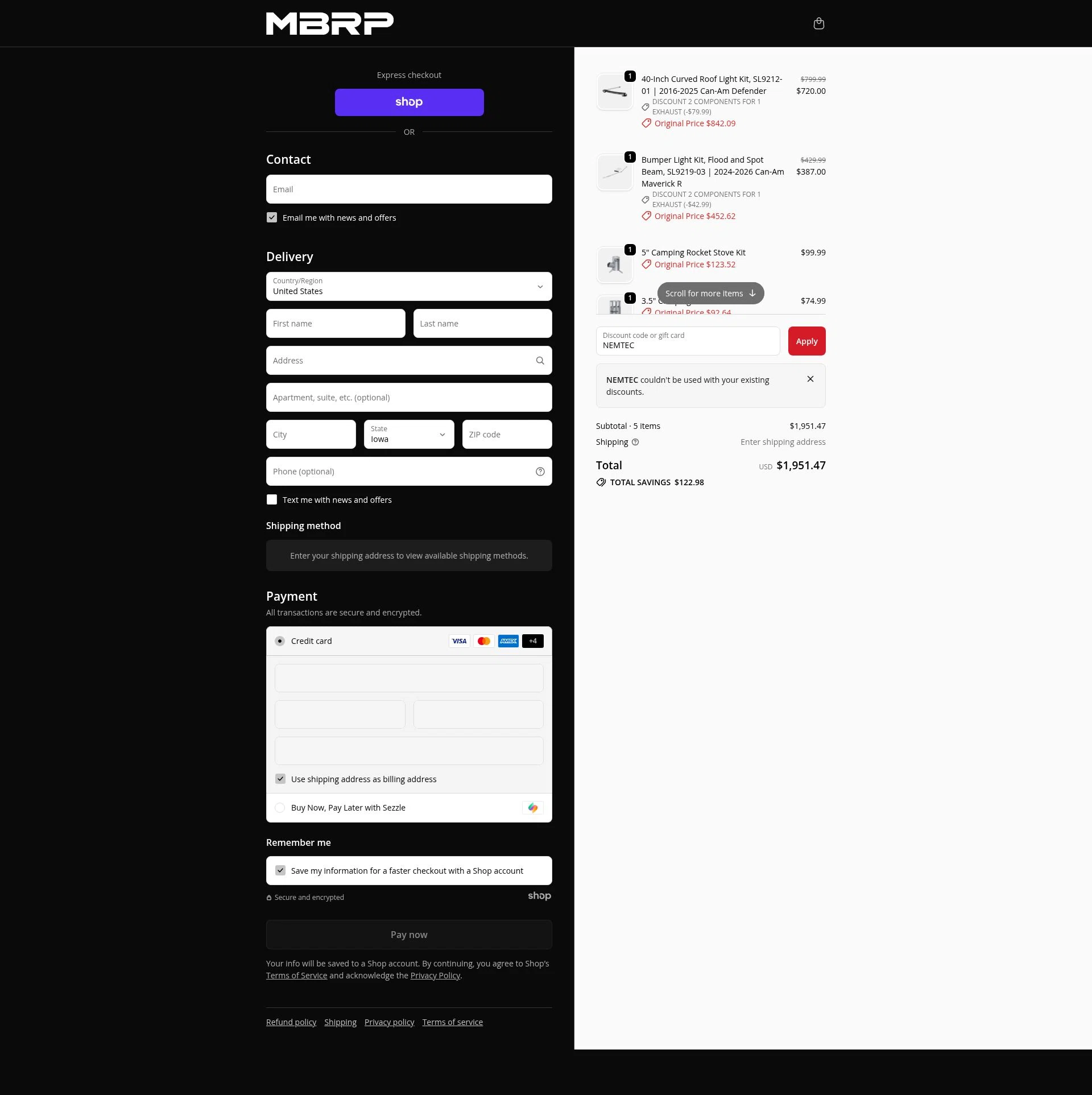 MBRP checkout page showing MBRP discount code box | Screenshot taken by SimplyCodes community member on Nov 19, 2025