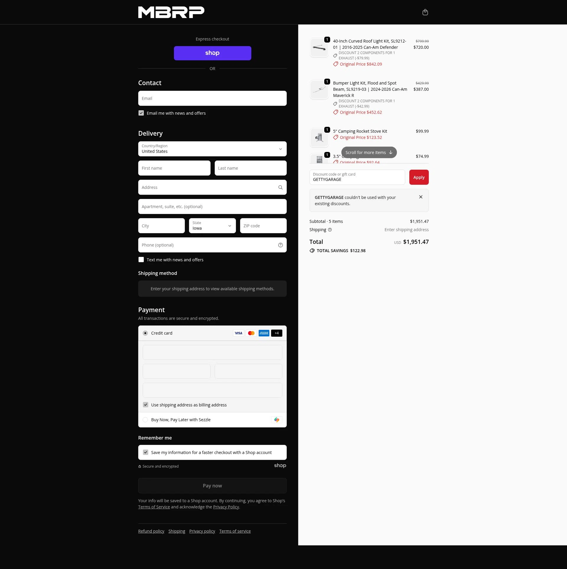 MBRP checkout page showing MBRP discount code box | Screenshot taken by SimplyCodes community member on Nov 19, 2025