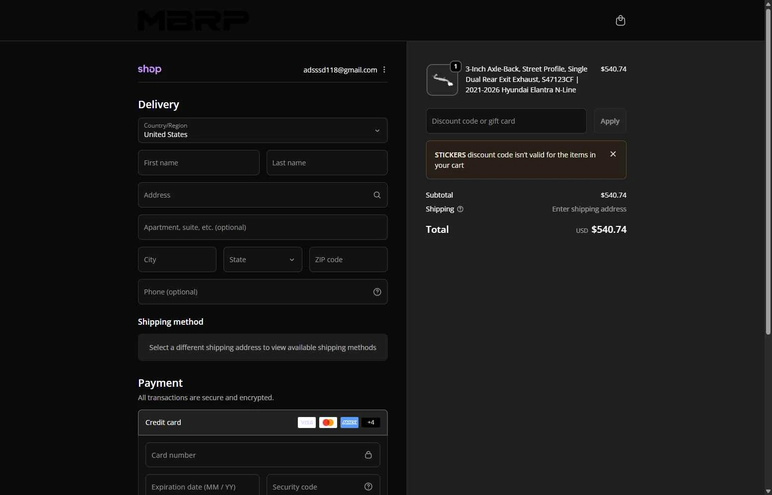 MBRP checkout page showing MBRP discount code box | Screenshot taken by SimplyCodes community member on Jan 28, 2026
