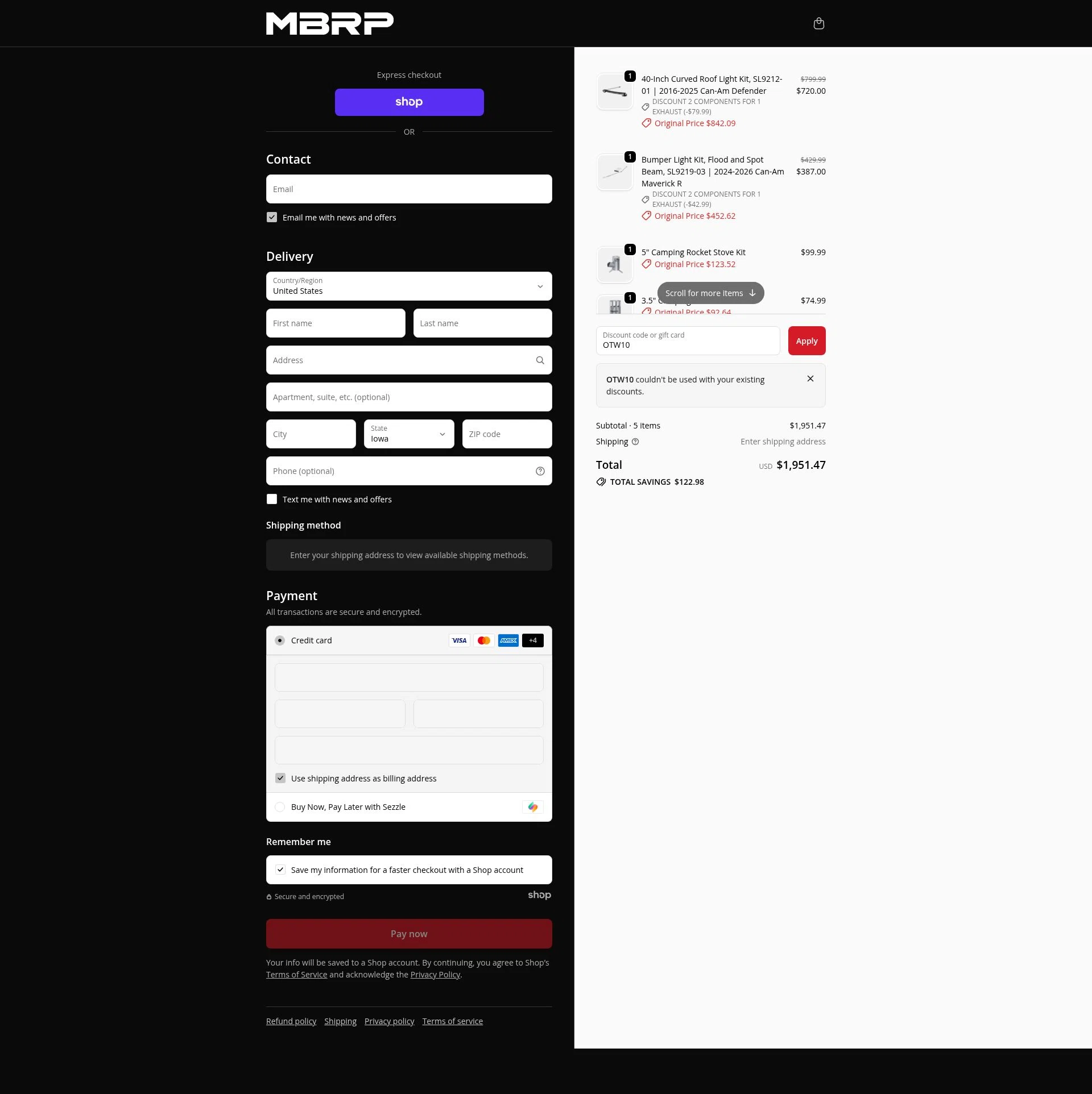 MBRP checkout page showing MBRP discount code box | Screenshot taken by SimplyCodes community member on Nov 19, 2025