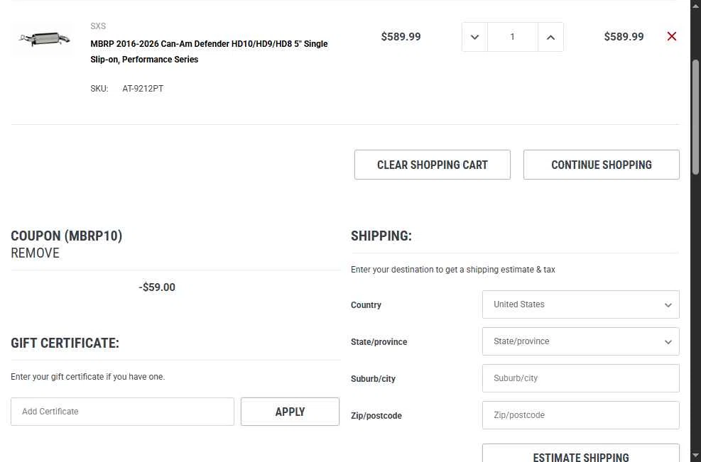 MBRP Exhaust Store checkout page showing MBRP Exhaust Store promo code box | Screenshot taken by SimplyCodes community member on Jan 28, 2026