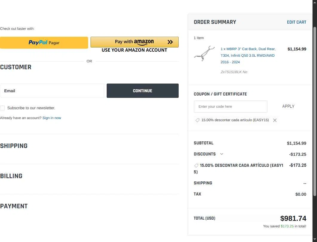 MBRP Exhaust Store checkout page showing MBRP Exhaust Store promo code box | Screenshot taken by SimplyCodes community member on Feb 18, 2026
